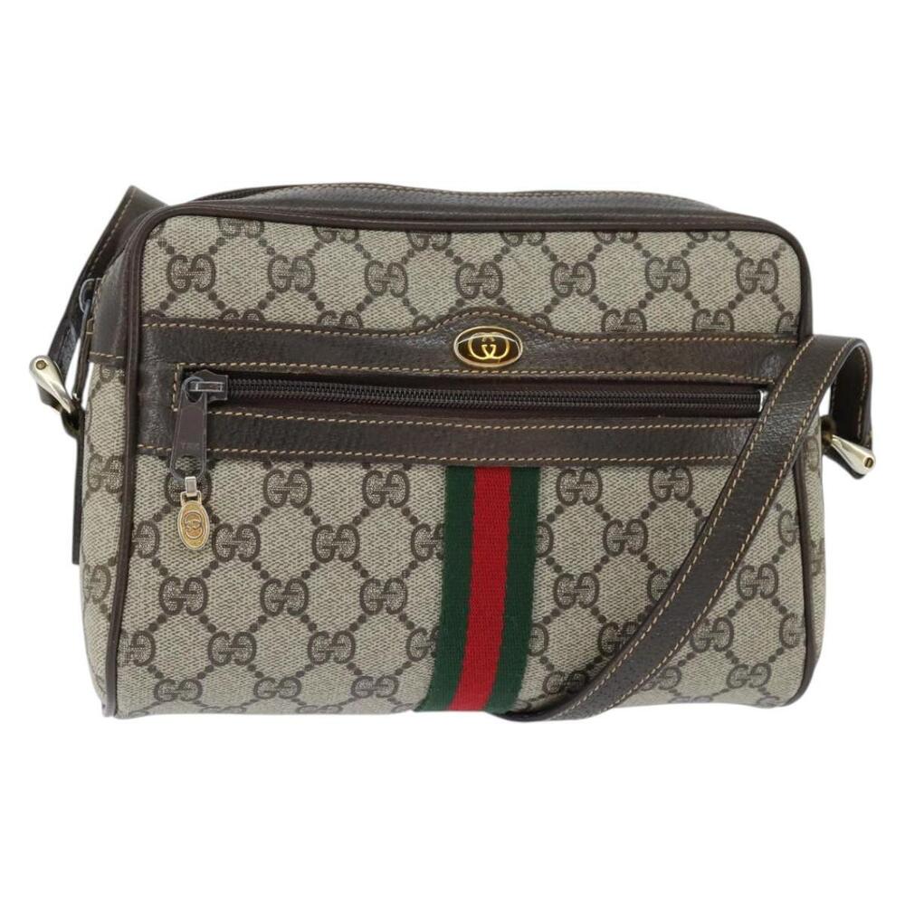 Gucci Beige Brown Monogram Shoulder Bag with Red and Green Web